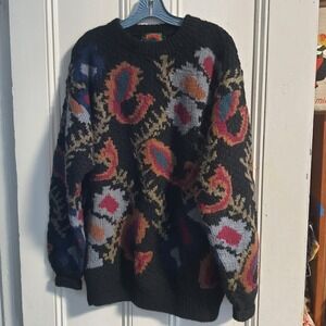 Vintage Boston Traders All Pure Wool Sweater Women's L Paisley Floral Knit Black
